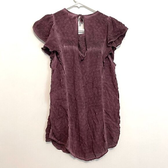 KNOX ROSE Purple Swiss Dot Crochet Eyelet Tie Bow Back Short Flutter Sleeve Top - Picture 9 of 13